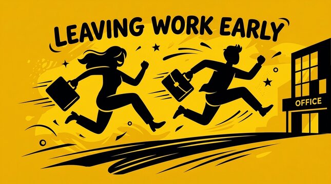 Silhouettes of people running from office building with briefcases in celebration
