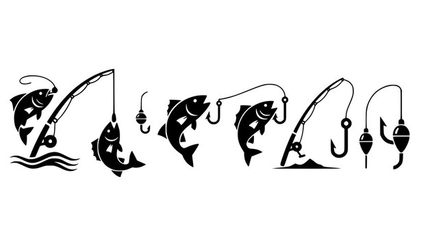 Fishing silhouette icons vector collection with fish rod and angling symbols isolated on white background