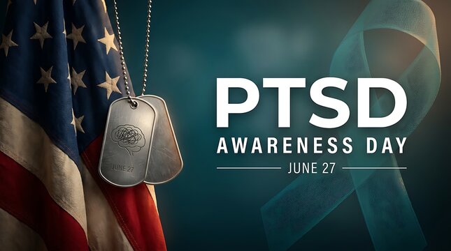 PTSD awareness day June 27 teal ribbon American flag dog tags symbol for veterans mental health support awareness day for soldiers and civilians.