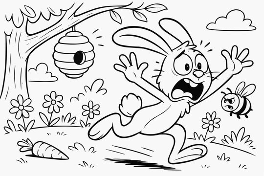 Coloring page for children - A hare running away from a bee hive