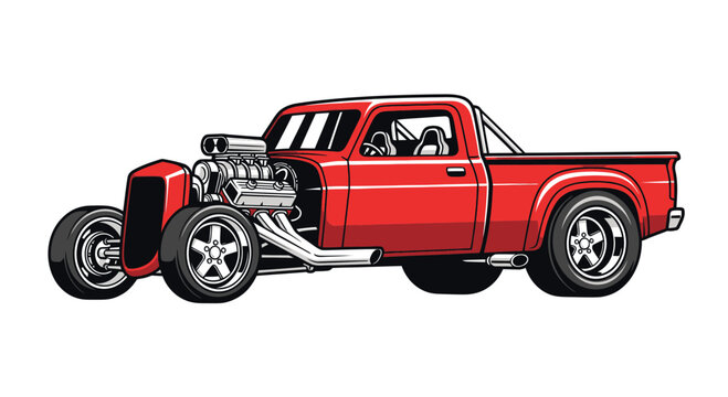 Red Hot Rod Pickup Truck with Exposed Engine, Custom Vehicle Illustration
