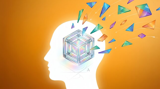 Conceptual illustration of human head with exploding crystal cube.