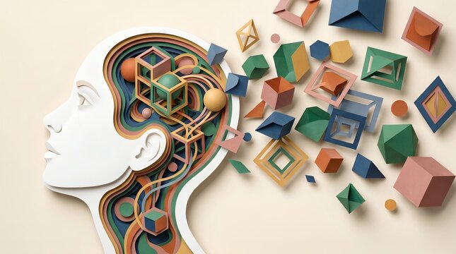 Conceptual illustration of human mind creativity and mental processing with colorful paper geometric shapes.