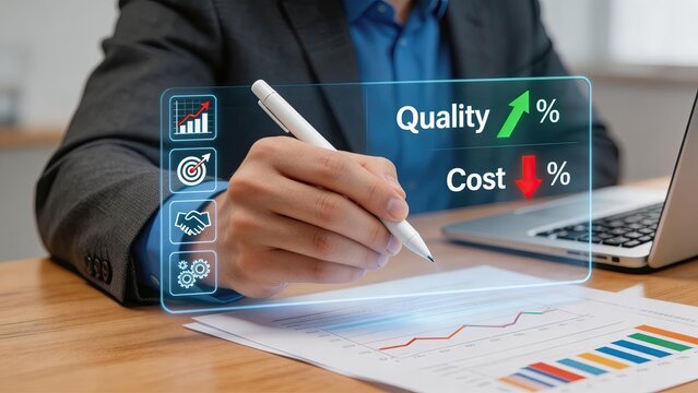 Businessman using futuristic hologram interface for data analysis focusing on quality increase and cost reduction digital transformation concept
