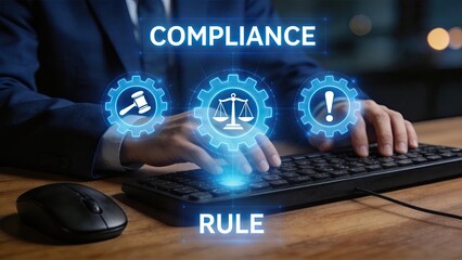 Fototapeta premium Businessman typing on keyboard with holographic compliance and rule interface digital law concept legal regulation corporate governance technology justice data protection