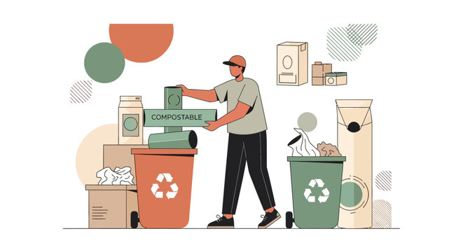 Man Sorting Compostable Packaging into Recycling Bins for Zero Waste Lifestyle