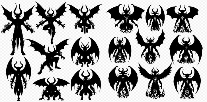 Set of black silhouettes of demons, devils, and monsters with wings and horns, in various poses, isolated on a transparent background.