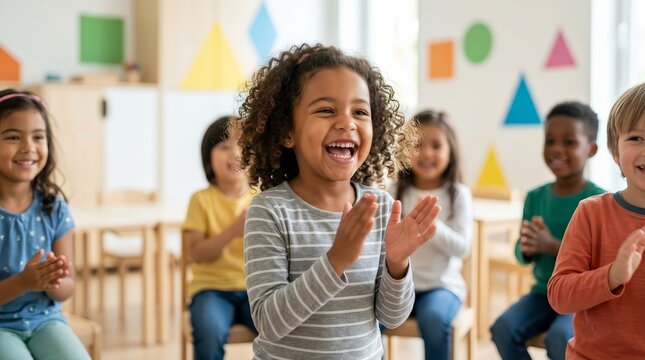 Joyful preschool students participating in a group activity within a bright classroom setting.