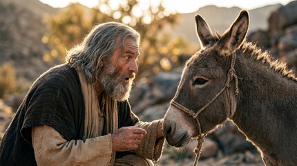 Fototapeta premium Balaam and his talking donkey from the Bible with a blurred background.