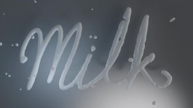 White liquid text writing the word milk. Dairy themed animated splash typography, motion graphic word reveal. 3D illustrative animation with copy space for text. World Milk Day June 1.