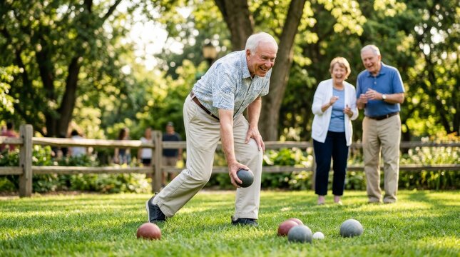 Cheerful senior citizens participating in a competitive bocce ball match in a park setting.