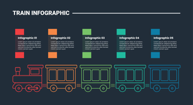 Train mass transportation infographic process diagram with kids train cart side view with data information on top with dark background bright outline style 5 points