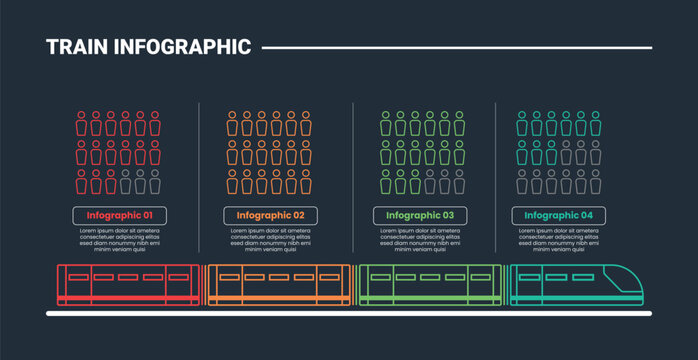 Train mass transportation infographic process diagram with passenger data analysis with train side view with dark background bright outline style 4 points