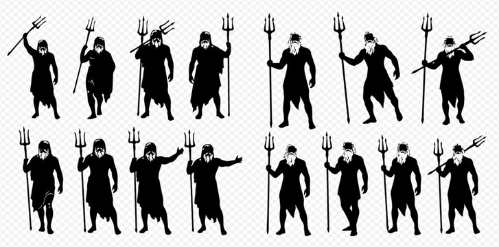 Set of Poseidon silhouettes holding trident in various action poses, black and white vector illustration.