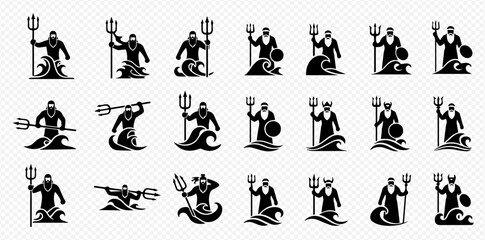 Obraz premium Set of Neptune and Poseidon icons with trident and waves, ancient Greek mythology gods.