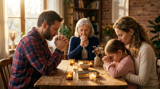 Family members engaged in Christian prayer at home with beautiful bokeh background.
