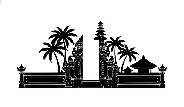 Balinese Pura temple silhouette vector with Meru tower tropical palm trees and traditional island architecture