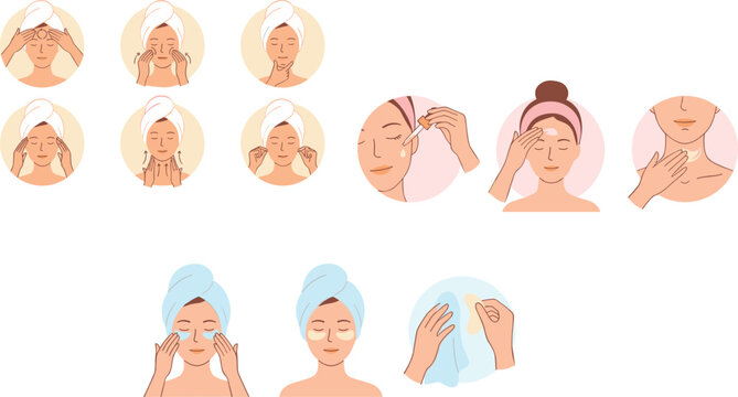 Woman Skincare Routine and Facial Massage Vector Set with Beauty Treatment and Cosmetic Care Illustrations