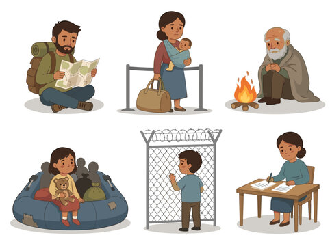 Refugee journey diverse people multicultural displaced. Young adult male backpack map, mother baby border, elder near fire. Child inflatable raft holding toy, boy fence, adult woman filling