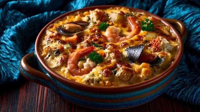 Chupe de Mariscos, traditional Chilean seafood casserole, presented in individual clay pot (paila) with handles, thick creamy mixture in shiny pale yellow tone