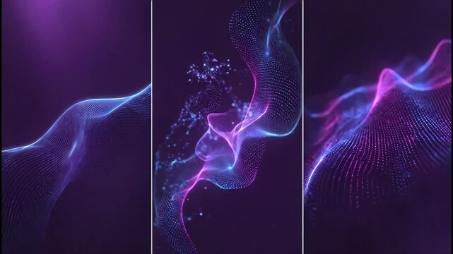 A triptych of abstract, flowing lines and particles in vibrant purple and blue hues creates a futuristic visual.