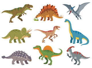 Dinosaur cartoon collection featuring TRex, Stegosaurus, Pterodactyl, Triceratops, Velociraptor, Brachiosaurus. Cute prehistoric creatures colorful fantasy playful animal. Fun educational children © Vectorvstocker