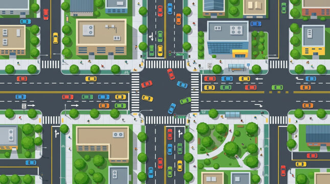 Aerial view of a busy city intersection with traffic and buildings.