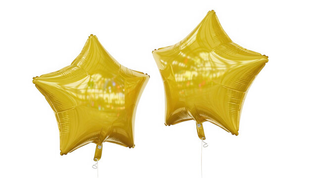 Two shiny gold star shaped foil balloons for a party isolated on transparent background
