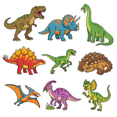 Cartoon dinosaurs colorful collection isolated white background vector illustration. Tyrannosaurus bipedal roar predator Velociraptor agile hunter. Triceratops Stegosaurus herbivore dinosaur playful © Vectorvstocker