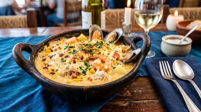 Chupe de Mariscos, traditional Chilean seafood casserole, presented in individual clay pot (paila) with handles, thick creamy mixture in shiny pale yellow tone