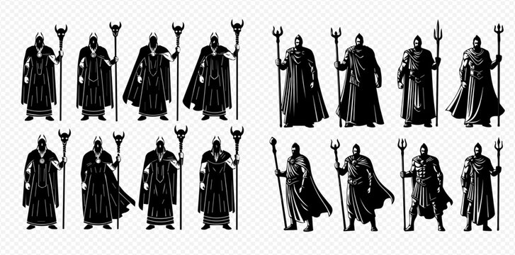 Set of dark fantasy sorcerer or wizard characters with staffs and capes in various poses, isolated on white background.