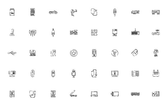 Computer Hardware icon set. Minimal tech icons pack. Including ssd card, cpu tower, projector, earphones, router, joystick, usb, webcam, battery, charger and more. Editable vector stroke.