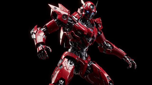 Detailed Red Futuristic Robot Warrior Striking a Dynamic Pose in Dark Studio Setting