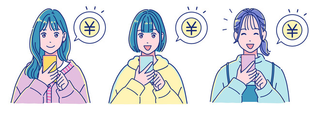 スマホでお金を使う・稼ぐ若い女性のセット © アーモンド1000