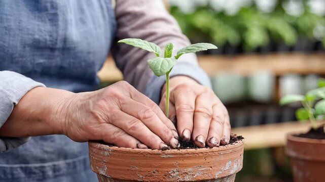 Gardener carefully plants a small seedling into a terracotta pot filled with rich soil.