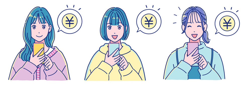 スマホでお金を使う・稼ぐ若い女性のセット