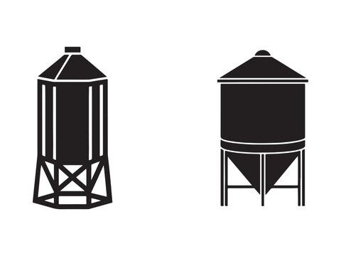 Silhouette of two grain silos or water towers on white background for industrial or agricultural use