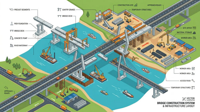 Illustration of a modern bridge construction project over a river with boats.