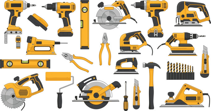 Professional Yellow Power Tool and Hardware Vector Set with Electric Drills Circular Saws Jigsaw Hammer Drill Bits and Painting Equipment for Industrial Construction and Home Renovation Projects