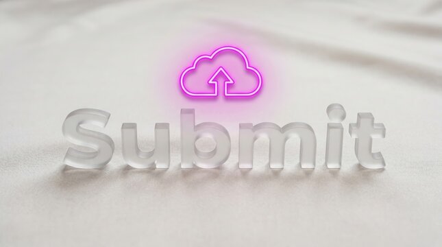 Glowing neon cloud upload symbol, Submit button, pink illuminated icon