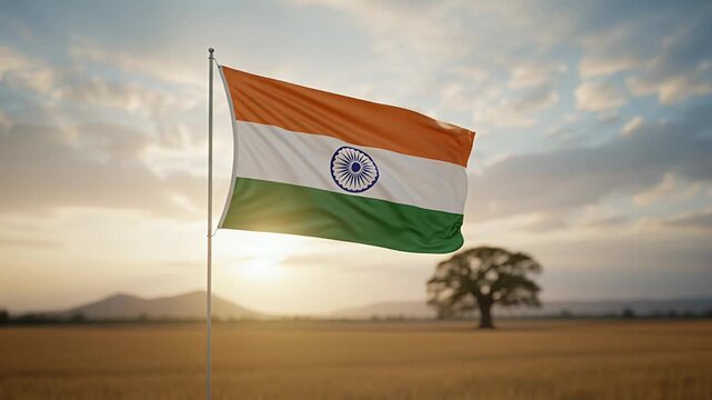 indian flag waving at sunset in rural field with lone tree