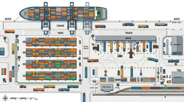 Aerial view of a busy container port with ships and trucks.