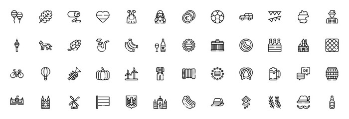 Germany icon set. Vector illustration pack. Featuring balloons, oak leaf, sausage, pretzel, beer, Brandenburg gate, German shepherd, lederhosen, cuckoo clock and more. © wang