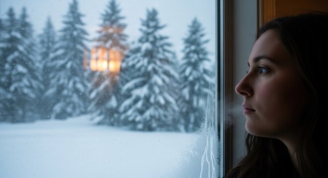 A woman looking out a window at a snowy landscape with a lit house in the distance.