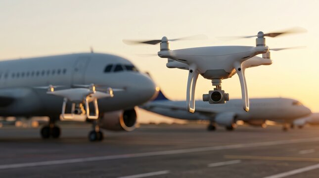 Multiple unmanned drones near airplanes at an airport causing disruption to flights.