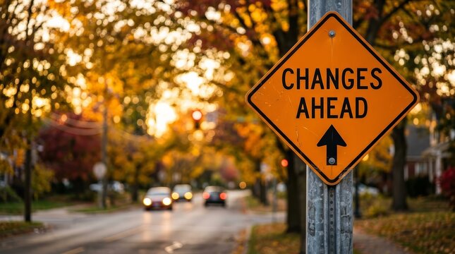Metaphorical road sign saying Changes ahead near a school zone at sunset.
