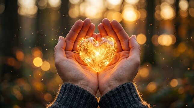 Christian kindness and love symbolized by hands cradling a glowing heart in soft bokeh light.