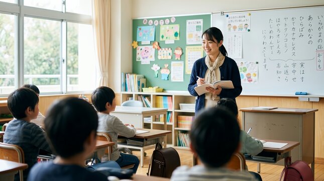 A modern classroom in Japan where a teacher uses educational tools to engage students.