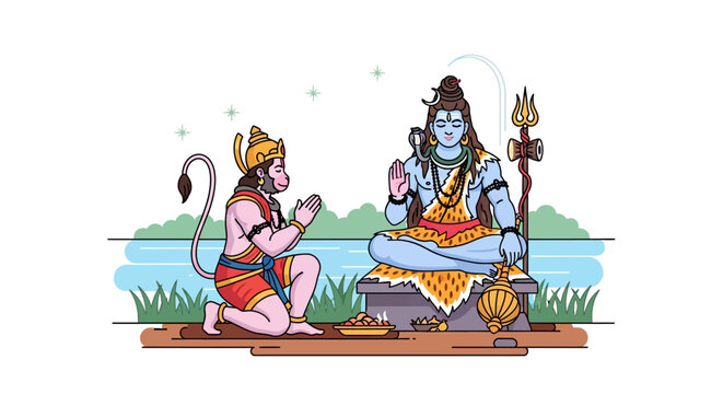 Traditional Hindu deity and devotee engaging in spiritual offering by tranquil river scene