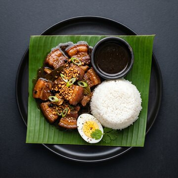 Filipino Pork Adobo. In the foreground, tender pork belly chunks braised in soy sauce, vinegar, and peppercorns, topped with toasted garlic bits. Beside the pork sits a small black ceramic bowl of ext